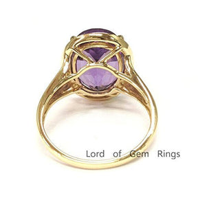6ct Oval Purple Amethyst Diamond Halo Split Shank Ring 14K Yellow Gold - Lord of Gem Rings
