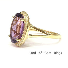 6ct Oval Purple Amethyst Diamond Halo Split Shank Ring 14K Yellow Gold - Lord of Gem Rings