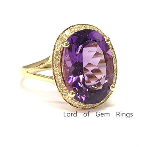 6ct Oval Purple Amethyst Diamond Halo Split Shank Ring 14K Yellow Gold