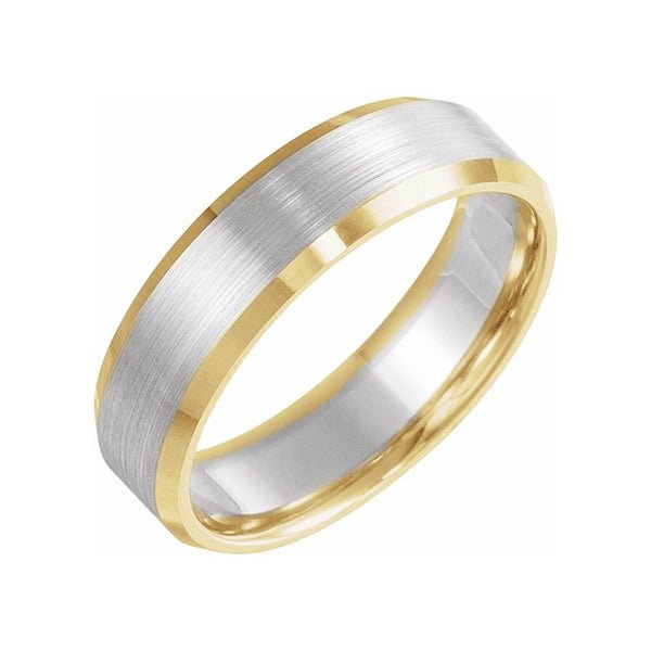 6mm Engravable 14K Two Tone Gold Beveled Edge Satin Finish Wedding Ring - Lord of Gem Rings