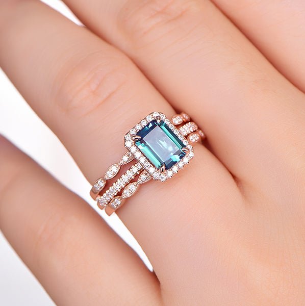 6x8mm Emerald Cut Alexandrite Diamond Trio Bridal Set 14K Rose Gold - Lord of Gem Rings