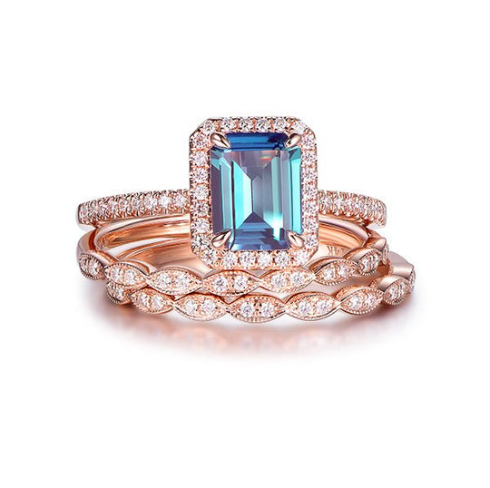 6x8mm Emerald Cut Alexandrite Diamond Trio Bridal Set 14K Rose Gold