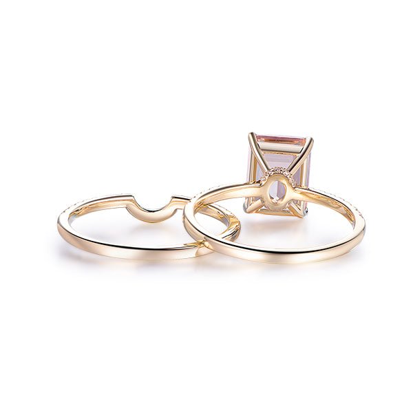 Emerald Cut Morganite Ring Sets Contour Diamond Wedding Band 14K