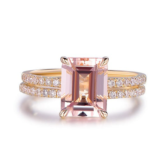 6x8mm Emerald Cut Morganite Ring Sets Contour Diamond Wedding Band