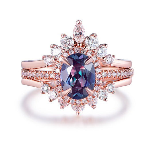 6x8mm Oval Alexandrite Marquise Moissanite Trio Bridal Set 14K Rose Gold