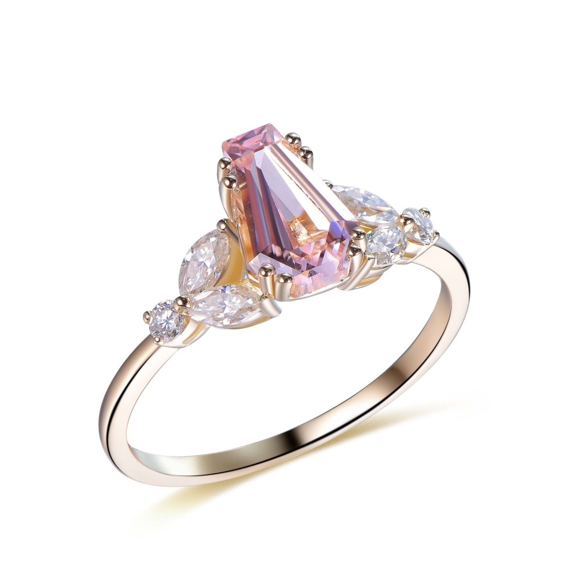 6x9mm Coffin Cut pink Sapphire Engagement Leaf Ring, 14K Gold/Silver - Lord of Gem Rings