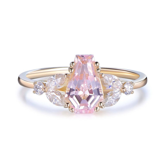 6x9mm Coffin Cut pink Sapphire Engagement Leaf Ring, 14K Gold/Silver