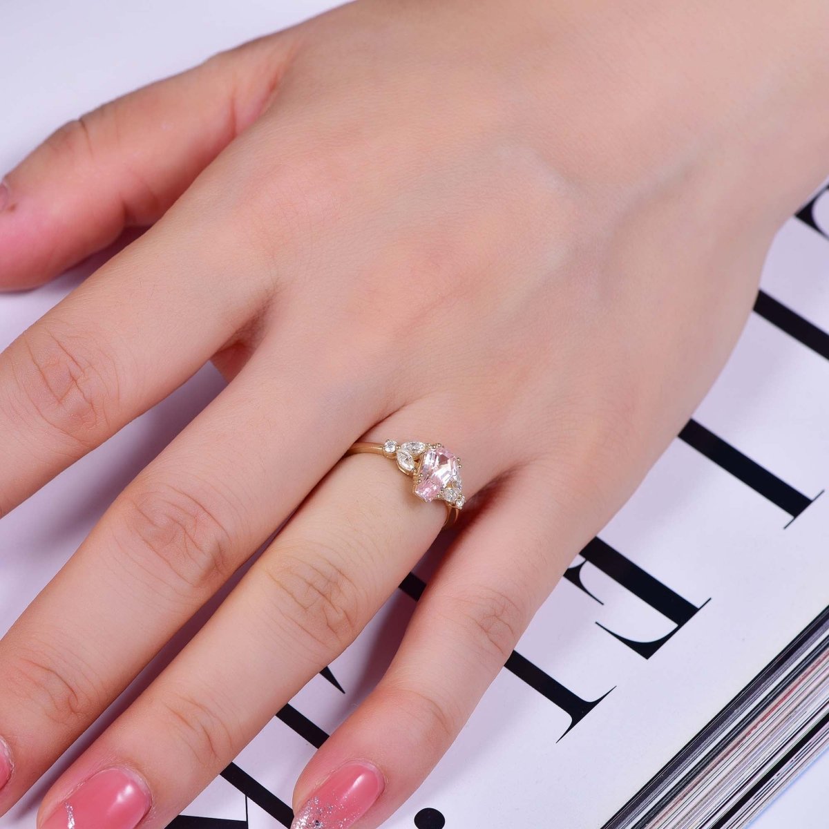 6x9mm Coffin Cut pink Sapphire Engagement Leaf Ring, 14K Gold/Silver - Lord of Gem Rings