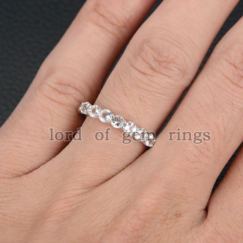 7 Stones Round Morganite Share Prong Wedding Band 14K White Gold - Lord of Gem Rings