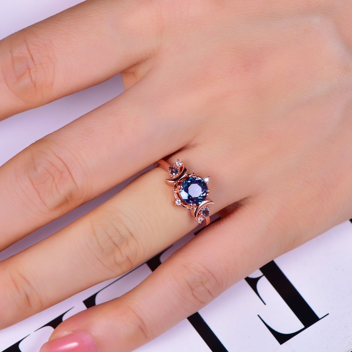 7mm Round Alexandrite Diamond Crescent Ring 14K Rose Gold - Lord of Gem Rings