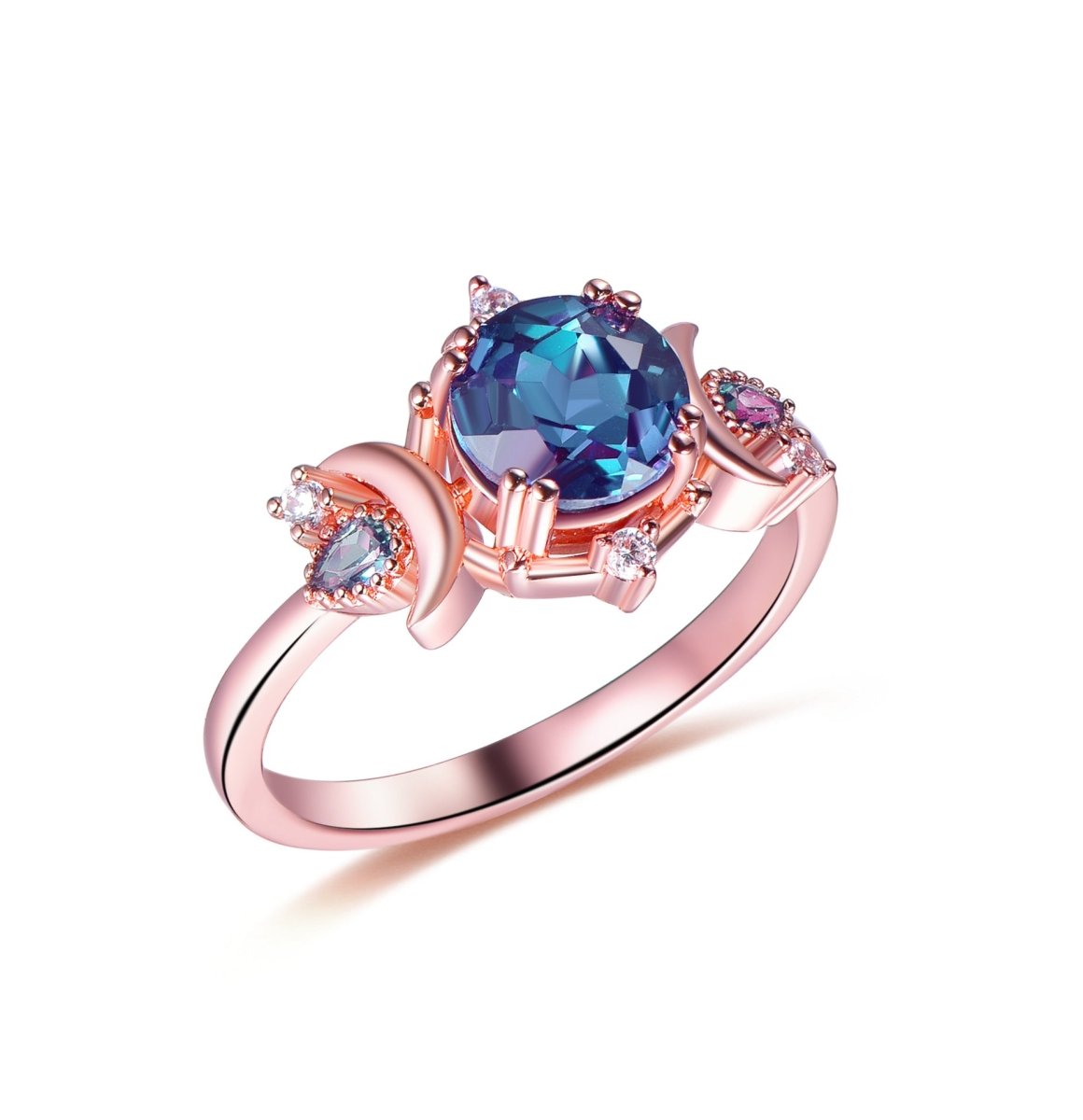 7mm Round Alexandrite Diamond Crescent Ring 14K Rose Gold - Lord of Gem Rings
