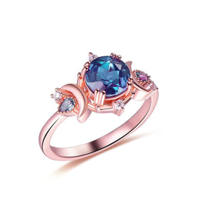7mm Round Alexandrite Diamond Crescent Ring 14K Rose Gold - Lord of Gem Rings