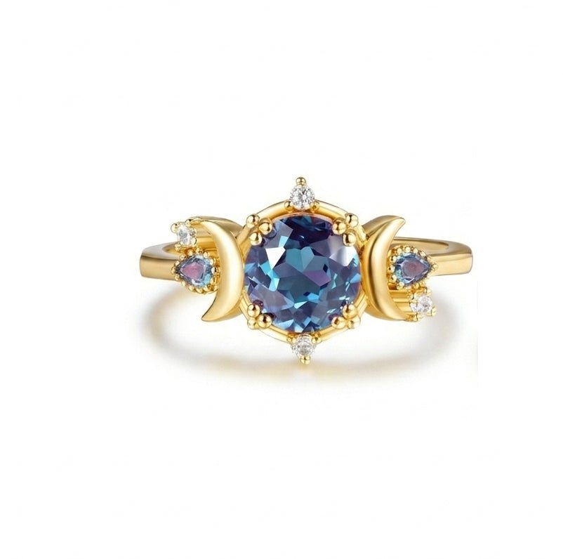 7mm Round Alexandrite Diamond Crescent Ring 14K Rose Gold - Lord of Gem Rings