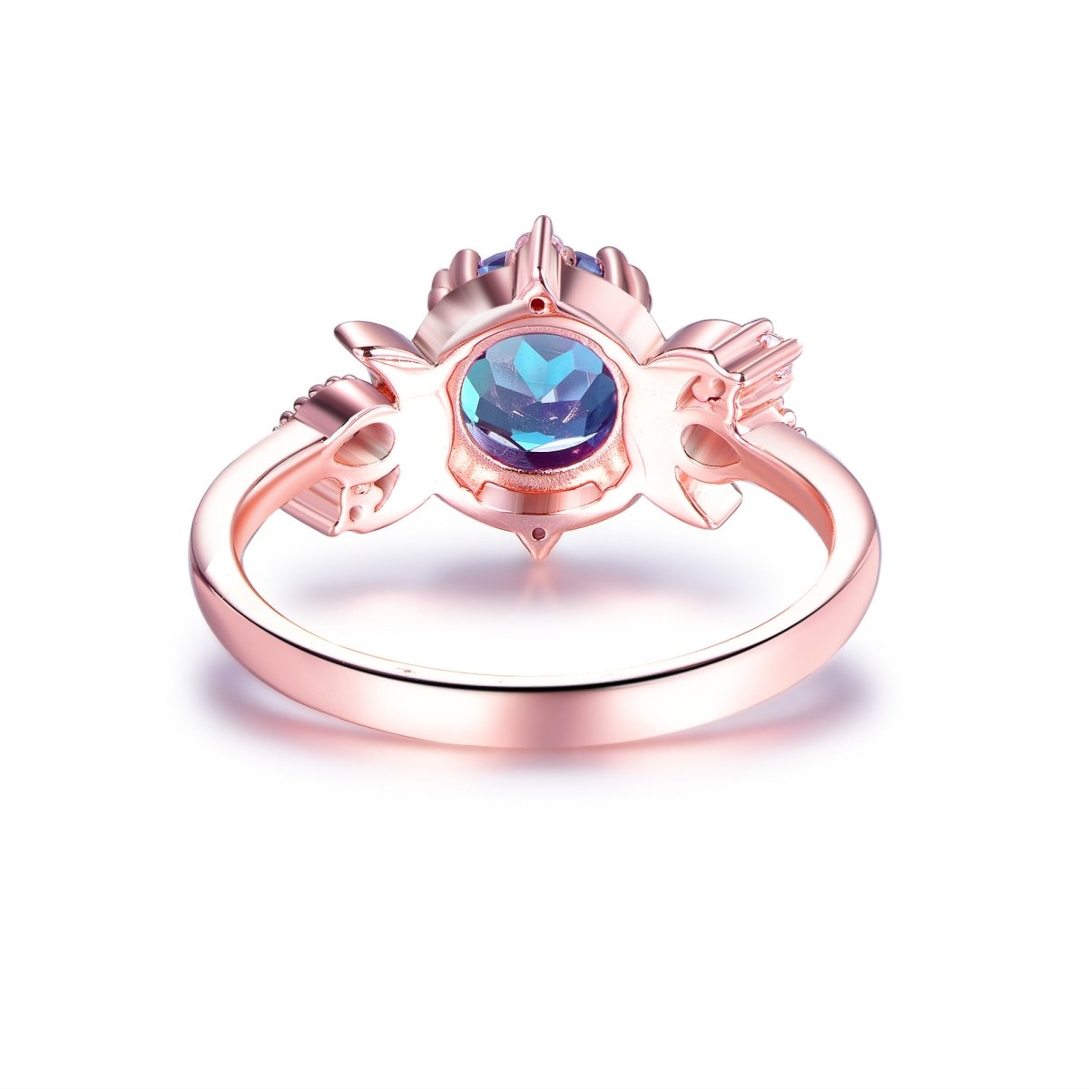 7mm Round Alexandrite Diamond Crescent Ring 14K Rose Gold - Lord of Gem Rings