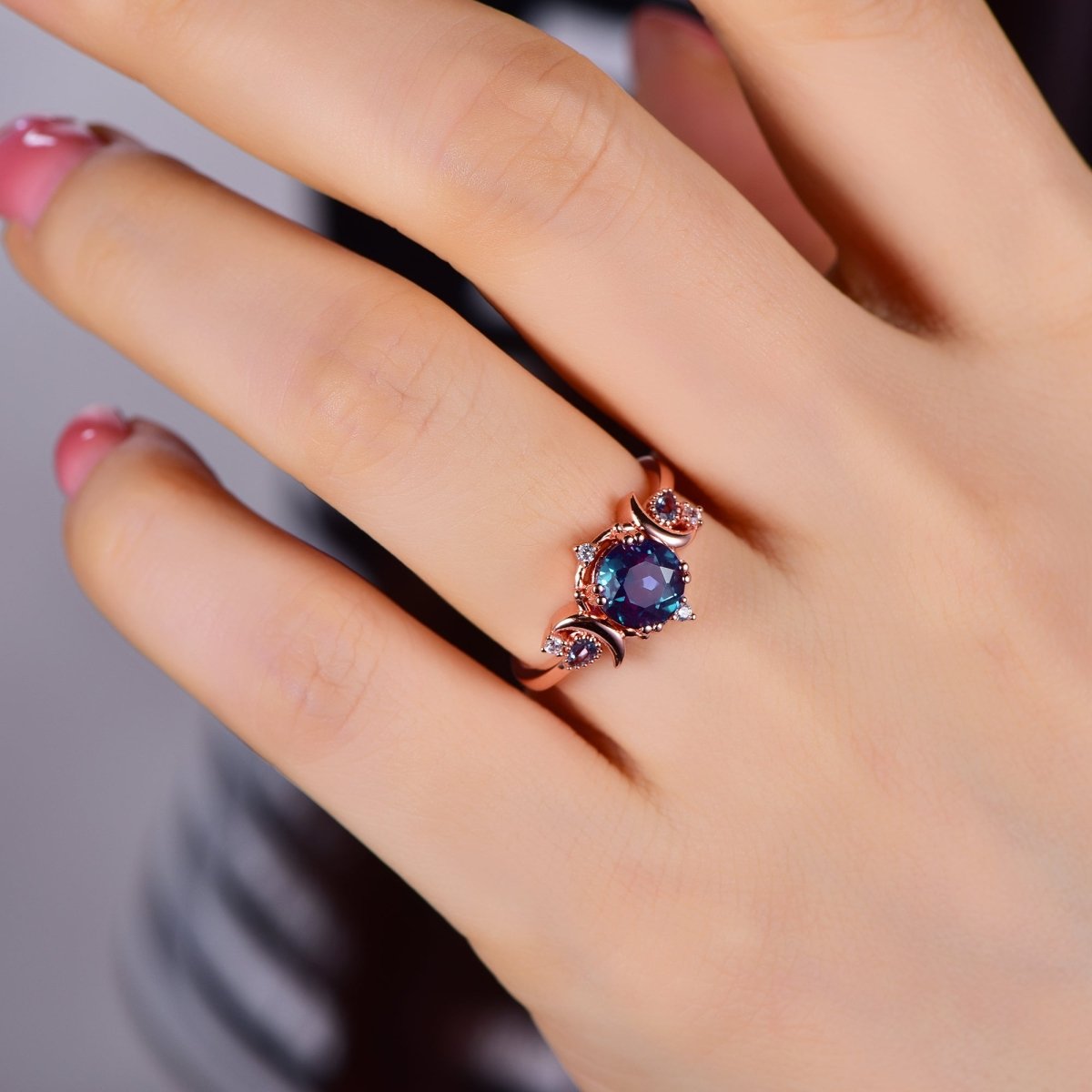 7mm Round Alexandrite Diamond Crescent Ring 14K Rose Gold - Lord of Gem Rings