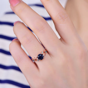 7mm Round Blue Sandstone Engagement Alexandrite Vine Ring 14K Gold/Silver - Lord of Gem Rings