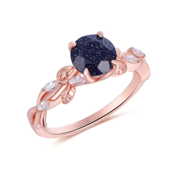 7mm Round Blue Sandstone Engagement Vine Ring 14K Gold/Silver