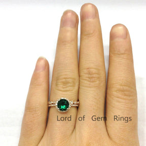 7mm Round Emerald Diamond Art Deco Bridal Set 14k Rose Gold - Lord of Gem Rings