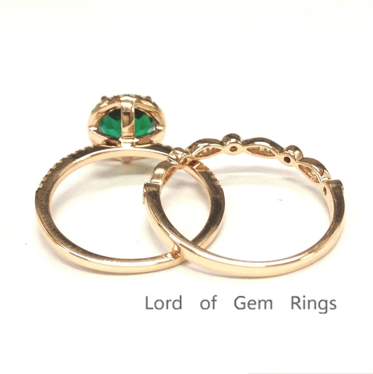 7mm Round Emerald Diamond Art Deco Bridal Set 14k Rose Gold - Lord of Gem Rings