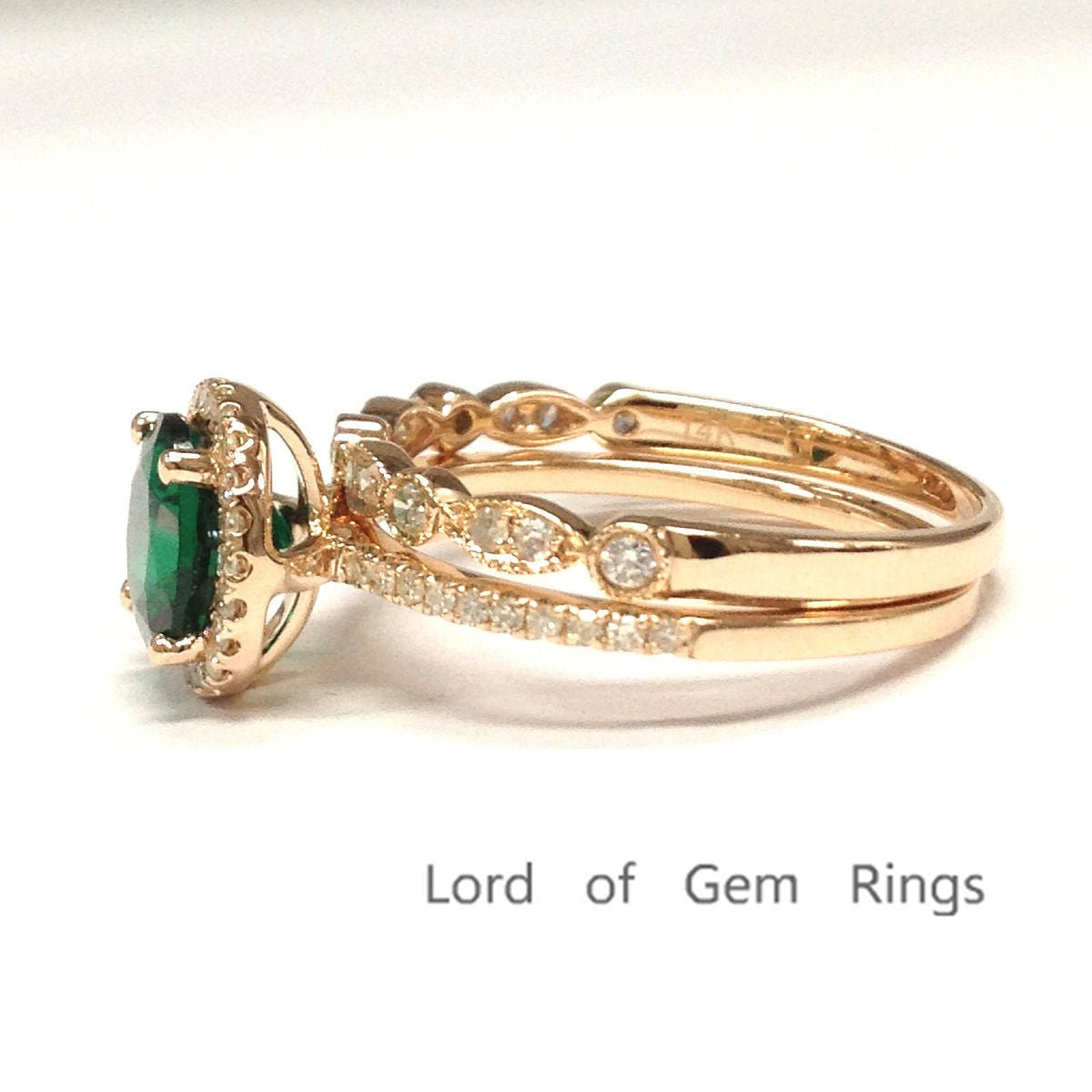 7mm Round Emerald Diamond Art Deco Bridal Set 14k Rose Gold - Lord of Gem Rings