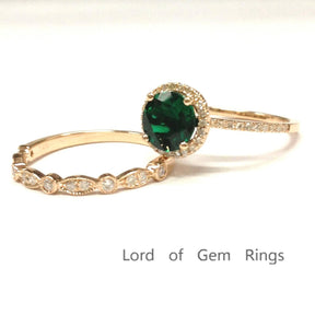 7mm Round Emerald Diamond Art Deco Bridal Set 14k Rose Gold - Lord of Gem Rings