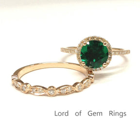 7mm Round Emerald Diamond Art Deco Bridal Set 14k Rose Gold - Lord of Gem Rings