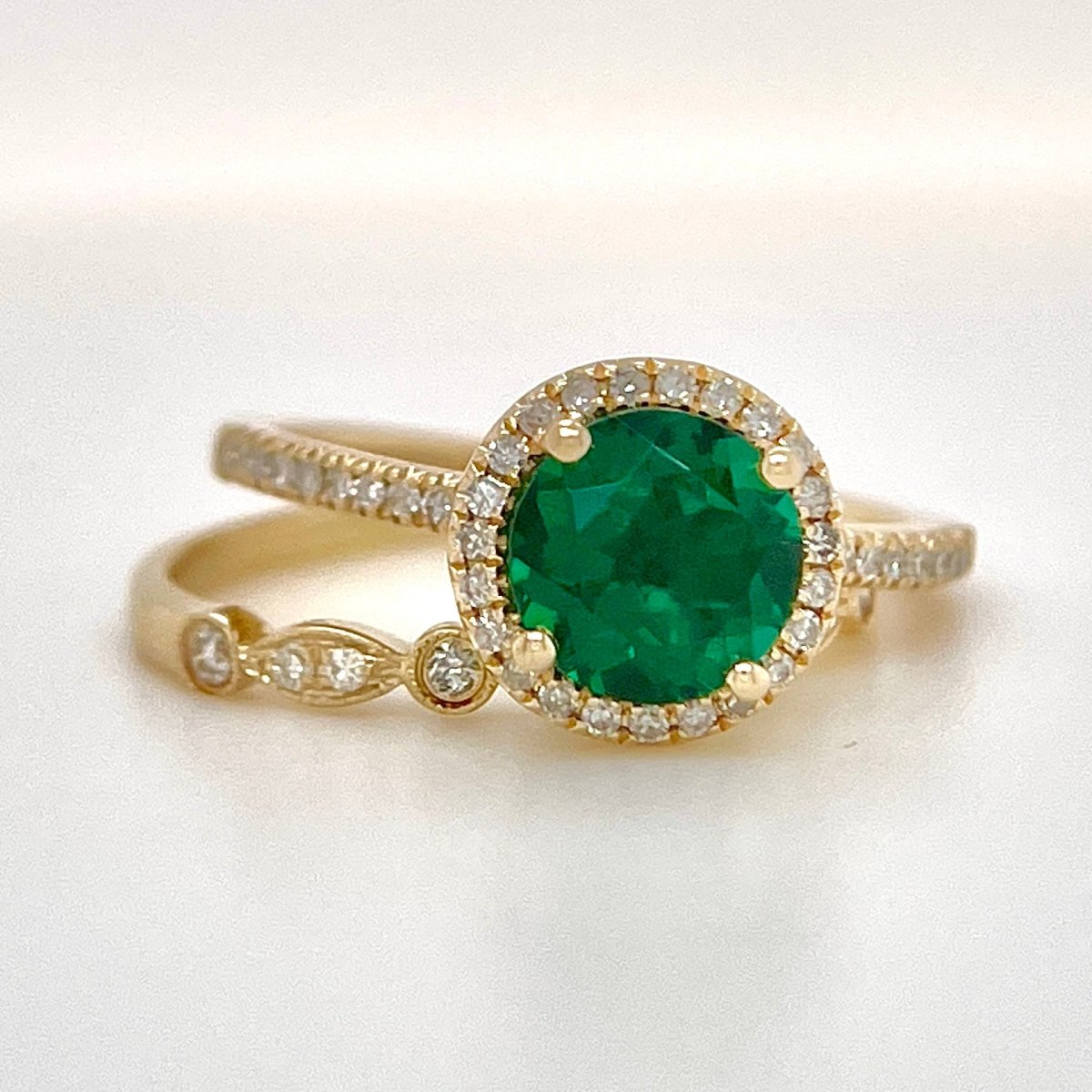 7mm Round Emerald Diamond Art Deco Bridal Set 14k Rose Gold - Lord of Gem Rings