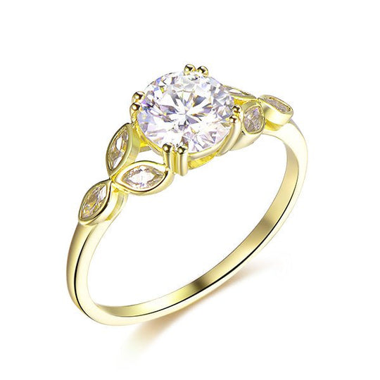 7mm Round Moissanite Ring Leaf Trio Marquise Moissanite Accents in 14K Yellow Gold