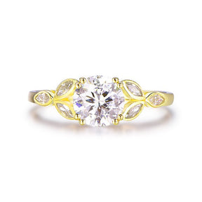 7mm Round Moissanite Ring Leaf Trio Marquise Moissanite Accents in 14K Yellow Gold - Lord of Gem Rings