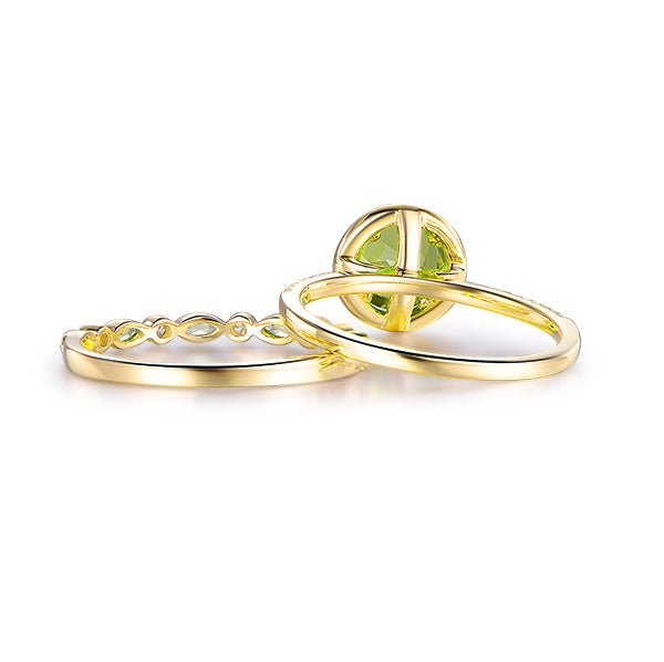7mm Round Peridot Ring Marquise Peridot Wedding Band Bridal Set 14K Yellow Gold - Lord of Gem Rings