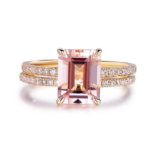 7x9mm Emerald Cut Morganite Bridal Set Contour Diamond Wedding Band - Lord of Gem Rings