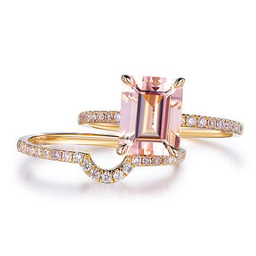 7x9mm Emerald Cut Morganite Bridal Set Contour Diamond Wedding Band - Lord of Gem Rings