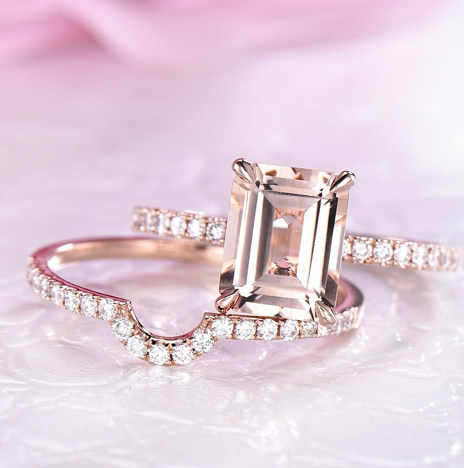 7x9mm Emerald Cut Morganite Bridal Set Contour Diamond Wedding Band - Lord of Gem Rings