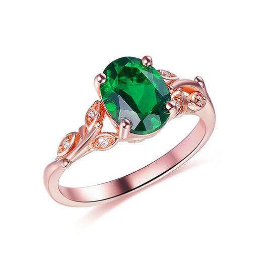 7x9mm Oval Emerald Diamond Leaf Vine Engagement Ring 14K Gold