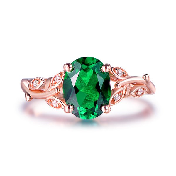 7x9mm Oval Emerald Diamond Leaf Vine Engagement Ring 14K Gold - Lord of Gem Rings