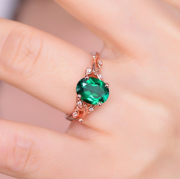 7x9mm Oval Emerald Diamond Leaf Vine Engagement Ring 14K Gold - Lord of Gem Rings