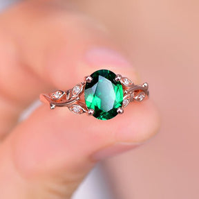 7x9mm Oval Emerald Diamond Leaf Vine Engagement Ring 14K Gold - Lord of Gem Rings