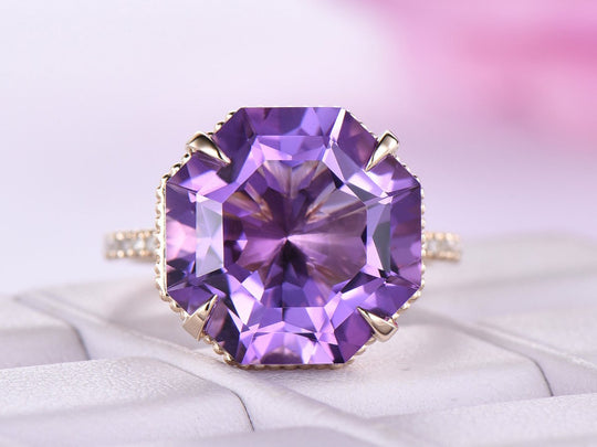 8ct Octagonal Amethyst Engagement Ring Milgrain Under Gallery 14K Yellow Gold