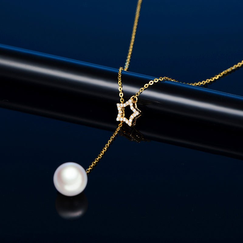 8mm Akoya Pearl and Diamond Star Necklace in 14K Yellow Gold (With the chain) - Lord of Gem Rings