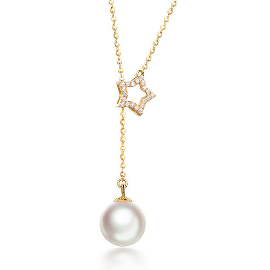 8mm Akoya Pearl and Diamond Star Necklace in 14K Yellow Gold (With the chain)