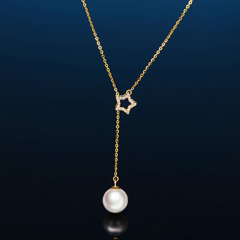 8mm Akoya Pearl and Diamond Star Necklace in 14K Yellow Gold (With the chain) - Lord of Gem Rings