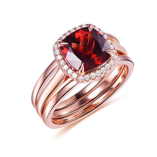 8mm Cushion Garnet Diamond Halo Trio Bridal Set
