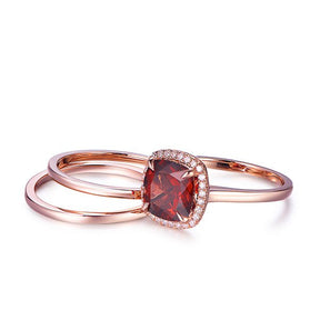 8mm Cushion Garnet Diamond Halo Trio Bridal Set - Lord of Gem Rings