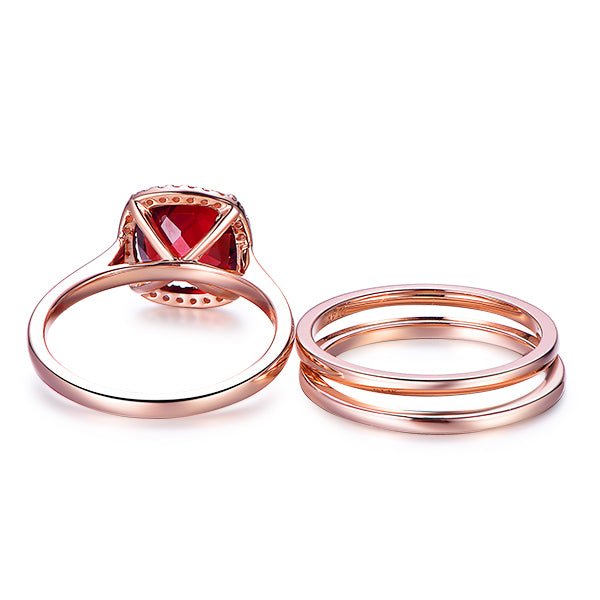 8mm Cushion Garnet Diamond Halo Trio Bridal Set - Lord of Gem Rings