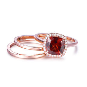 8mm Cushion Garnet Diamond Halo Trio Bridal Set - Lord of Gem Rings