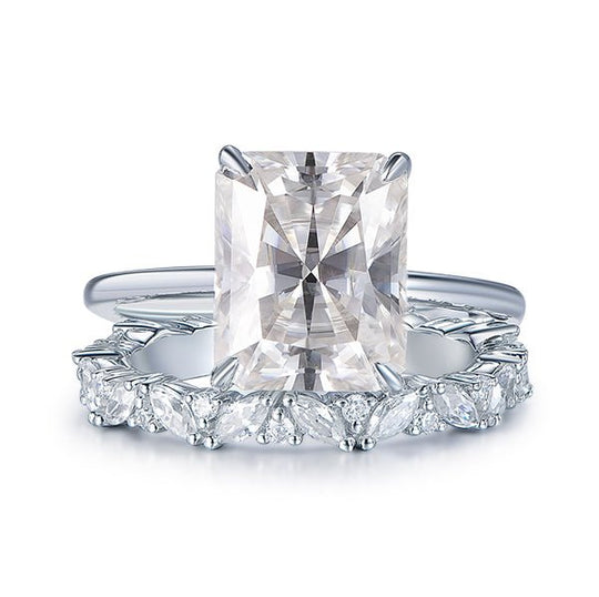 8x10mm Radiant Cut Moissanite Marquise Moissanite Band Bridal Set 14K White Gold