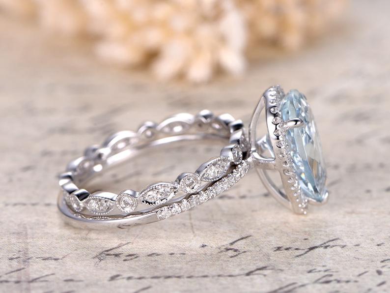 8x12mm Elongated Pear Cut Aquamarine Engagement Ring Set White Gold Art Deco Wedding Band Full Eternity Diamond Halo Wedding Ring Set 14K White Gold - Lord of Gem Rings