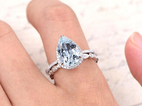 8x12mm Elongated Pear Cut Aquamarine Engagement Ring Set White Gold Art Deco Wedding Band Full Eternity Diamond Halo Wedding Ring Set 14K White Gold - Lord of Gem Rings