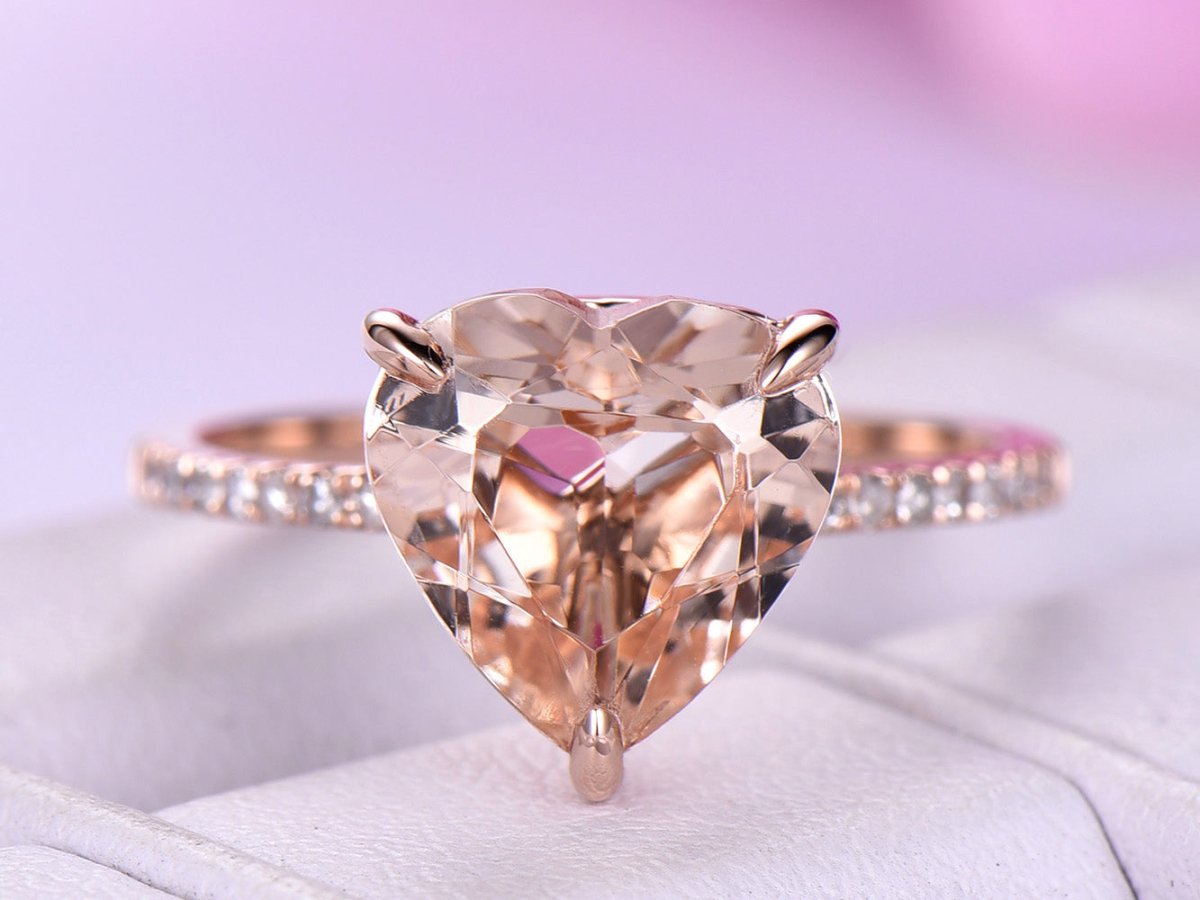 9mm Heart Solitaire Morganite Diamond Engagement Ring - Lord of Gem Rings