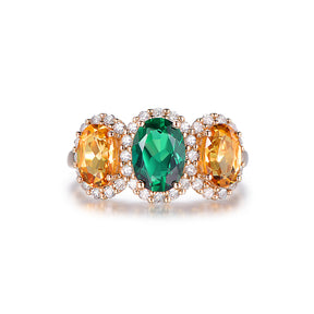 Three Stone Oval Emerald and Citrine with Diamond Accents Ring